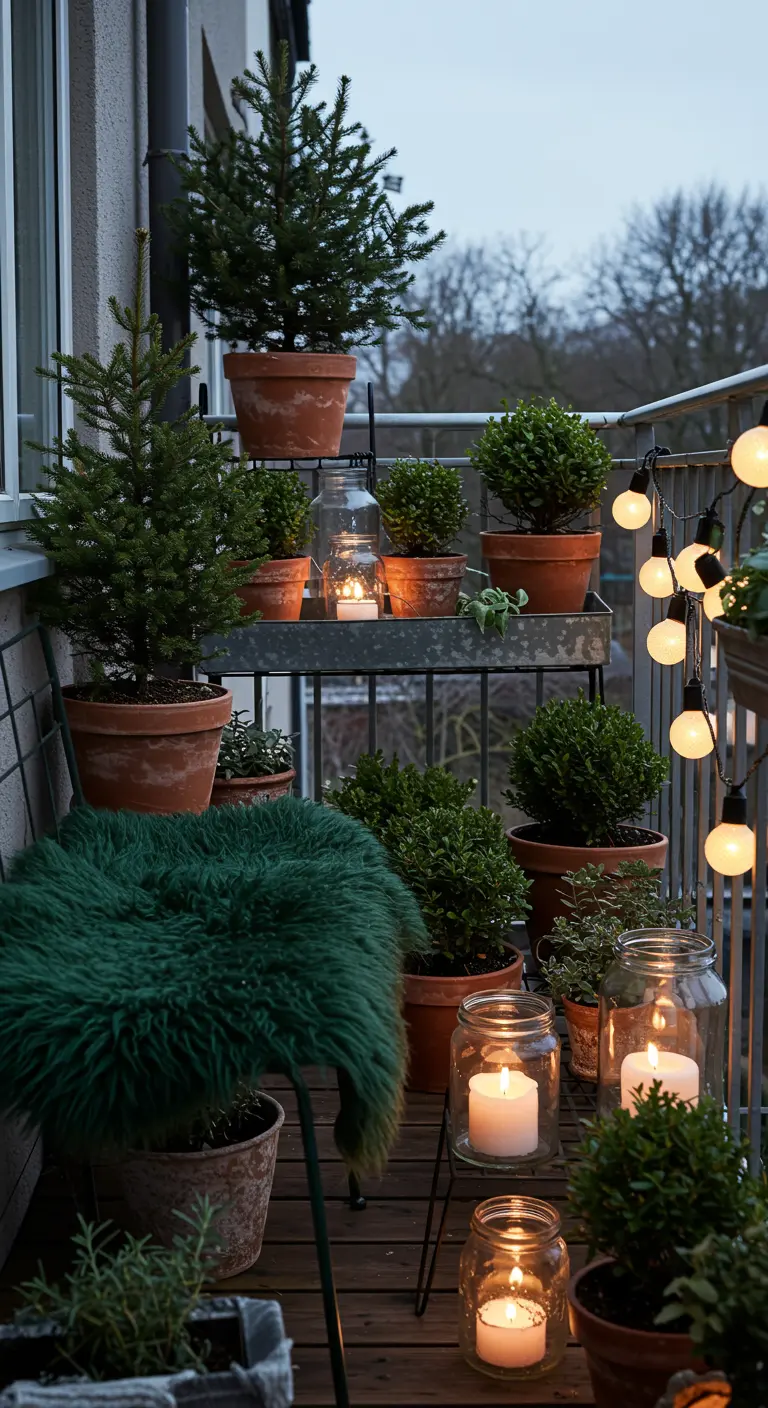 A balcony with a tiered plant stand full of evergreens and a chair with a dark green fur.