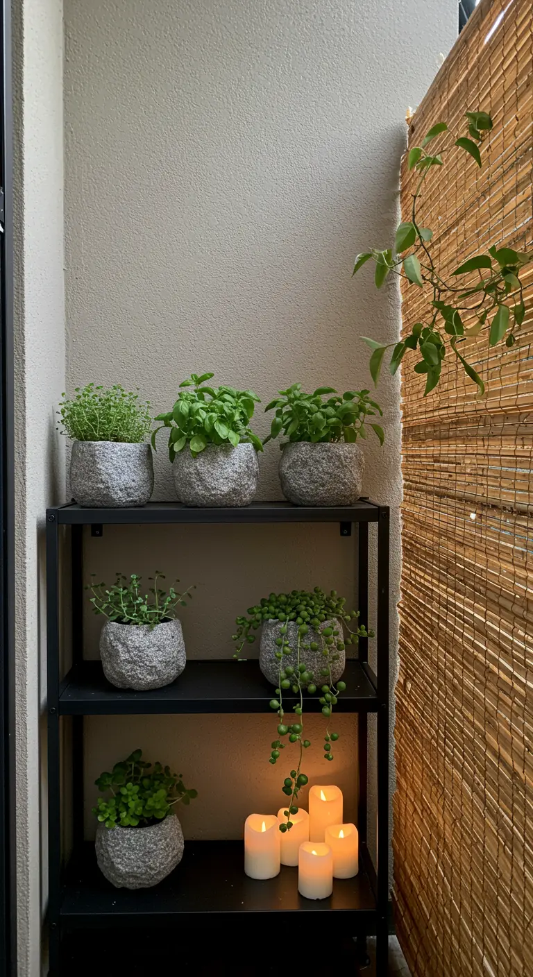 A black metal shelf holding small stone pots with herbs, lit by candles below