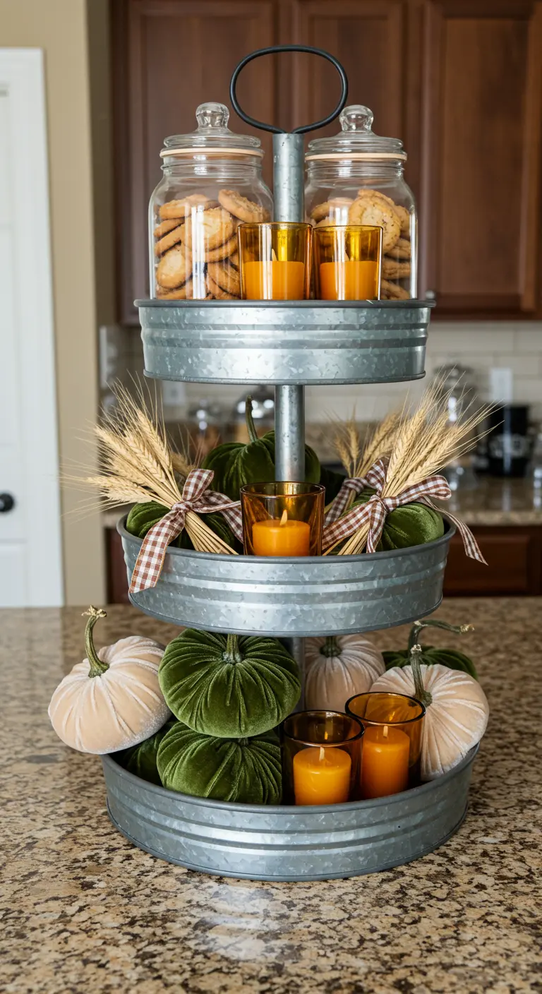 Tiered galvanized tray decorated with fall items like velvet pumpkins and wheat.