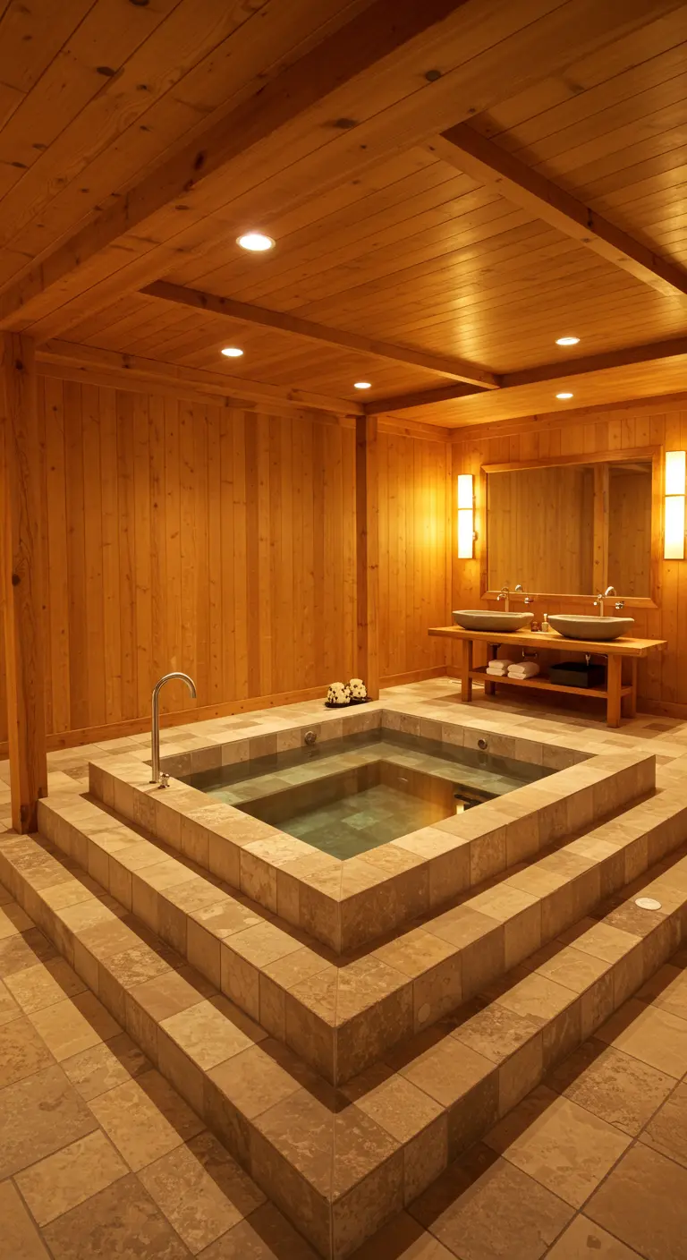 Luxurious spa bathroom with a large, multi-tiered sunken tub in the center of the room.