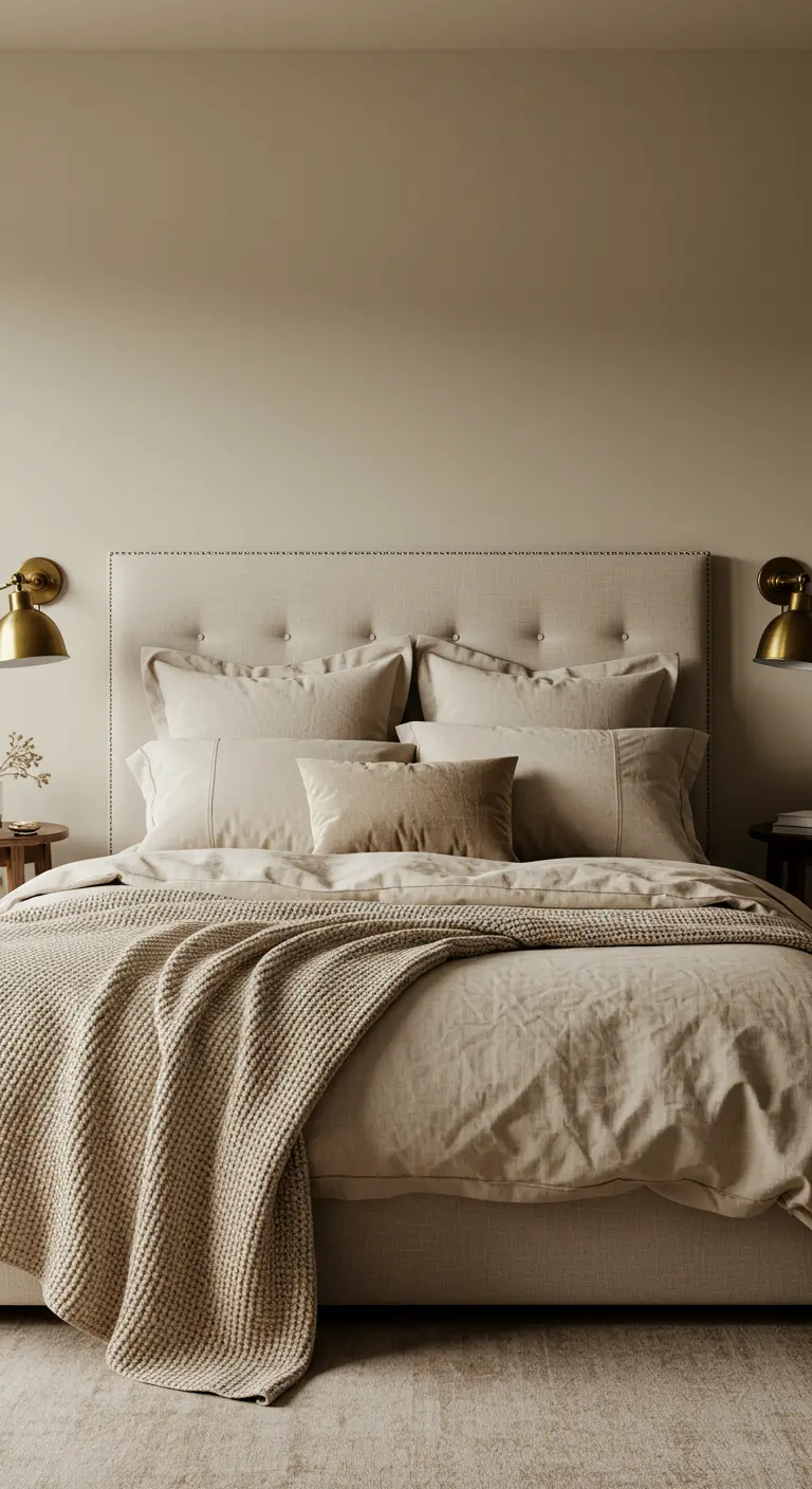 Beige upholstered headboard with nailhead trim and button tufting, flanked by brass sconces.
