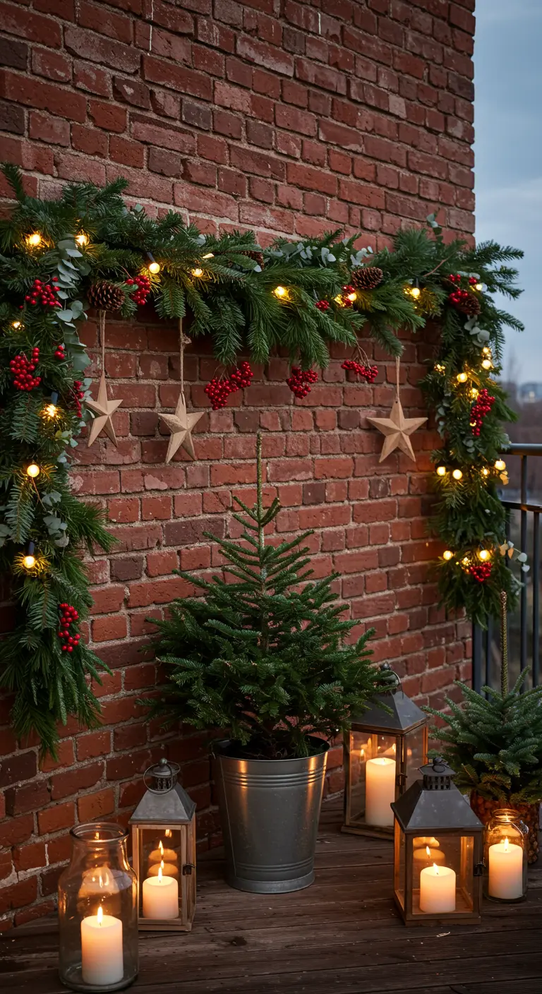 A festive evergreen garland with lights and red berries frames a brick balcony wall.