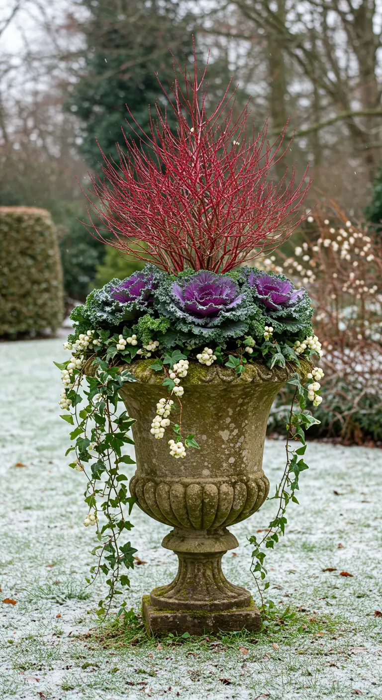 A classic stone urn in a snowy garden, filled with kale, dogwood, and trailing ivy.
