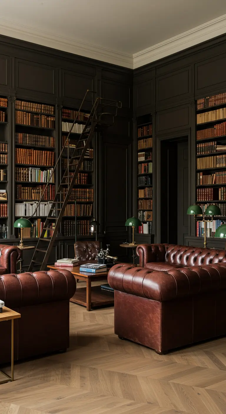 A grand home library with dark wood bookshelves, a rolling ladder, and leather sofas.