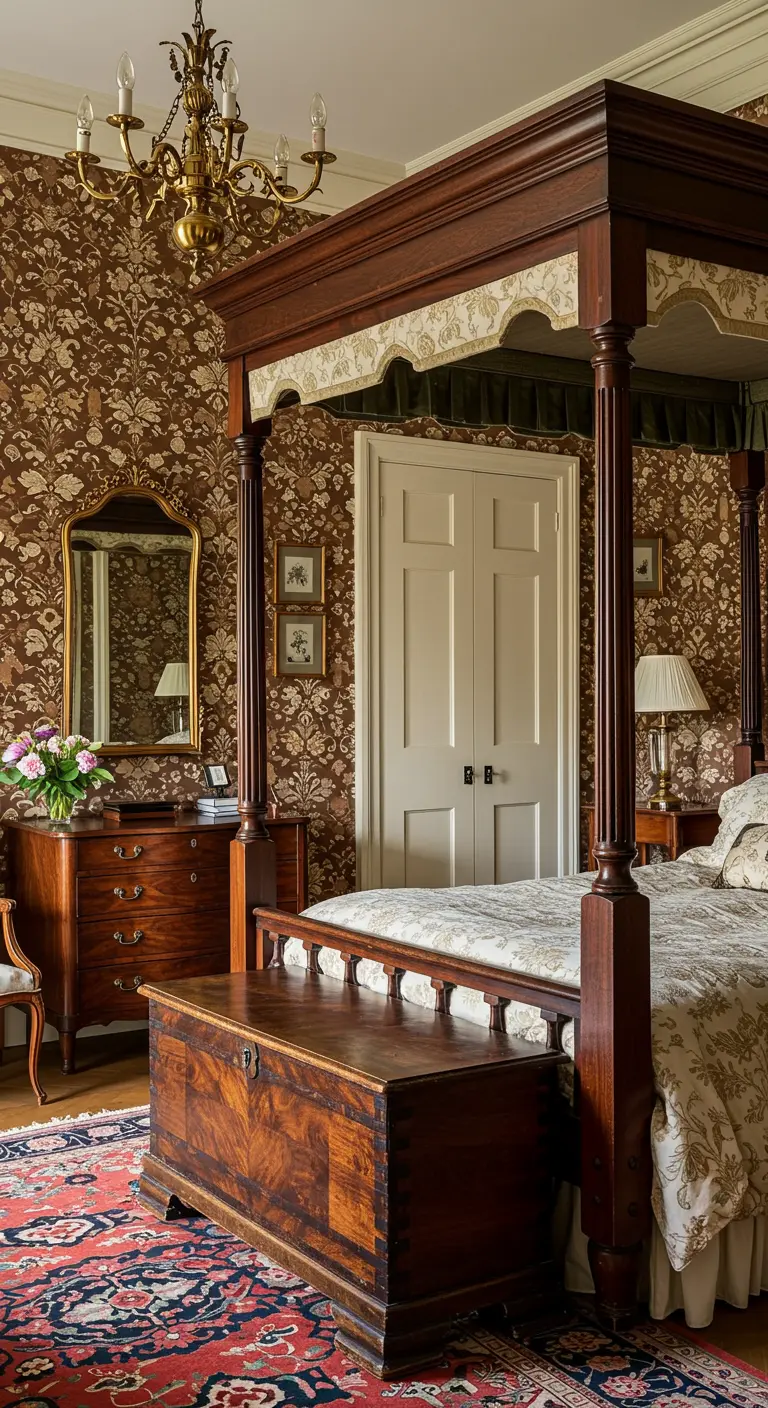 Four-poster bed and antique wood furniture in a room with brown damask wallpaper.