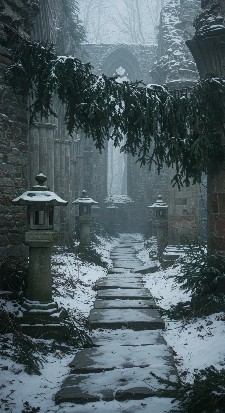 A snow-dusted path through ancient stone ruins with Japanese lanterns.