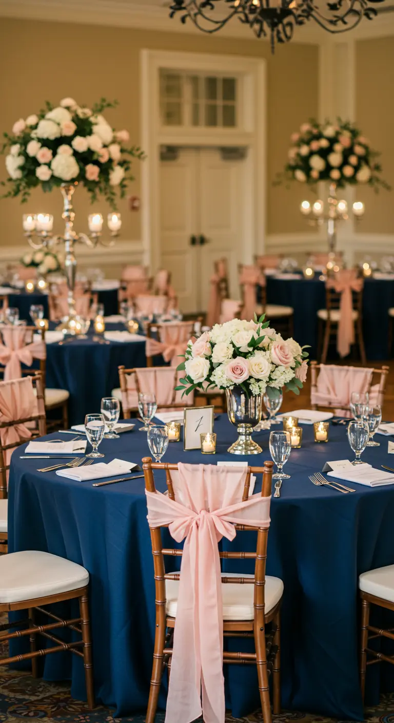Classic wedding table with a navy blue tablecloth, blush pink chair sash, and pink-and-white florals.