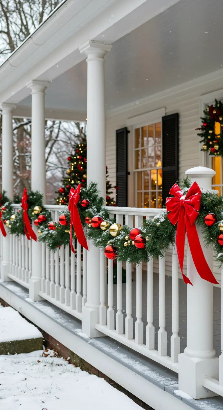 White porch railing with pine garland, large red bows, and red and gold ornaments.