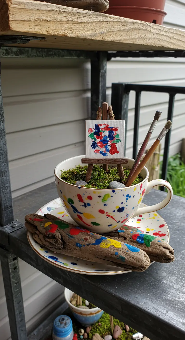 A paint-splatter teacup holds a miniature artist's easel and canvas in a bed of moss.