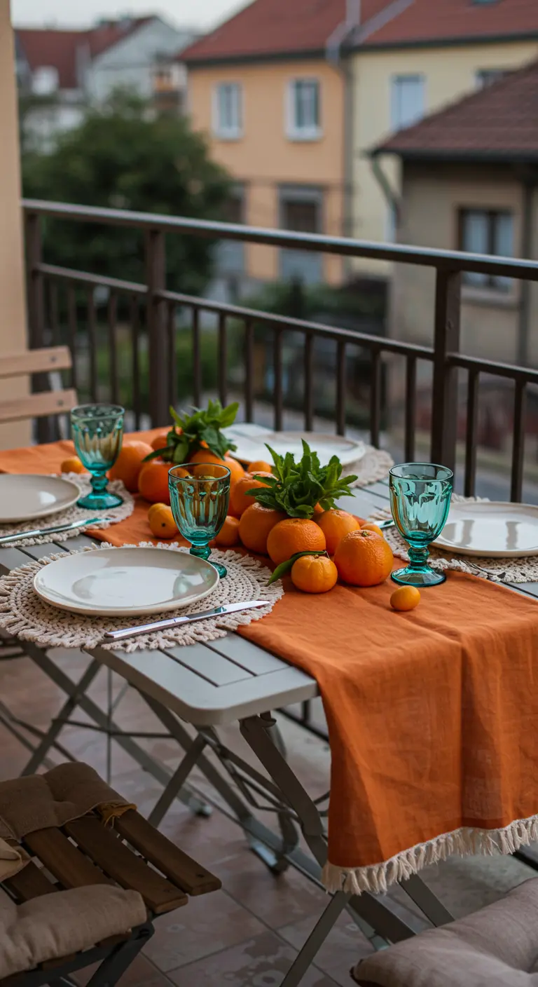 A small balcony table set for two with an orange runner and scattered tangerines.