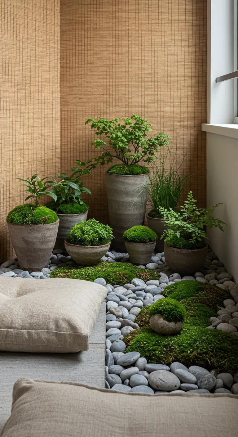 A balcony corner filled with mossy plants in concrete pots on a bed of river stones.
