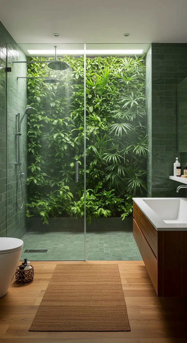 Bathroom with green tile and a living wall inside the glass shower enclosure.