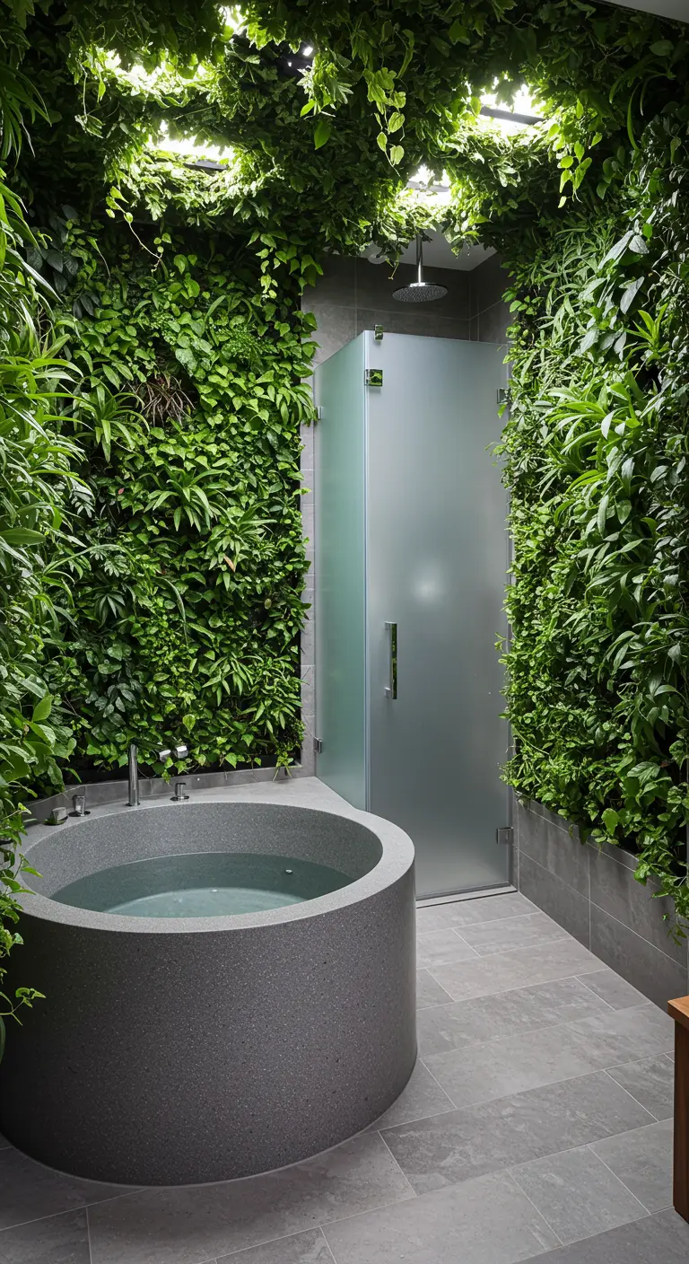 Round stone tub in a bathroom completely surrounded by living walls and ceiling plants.