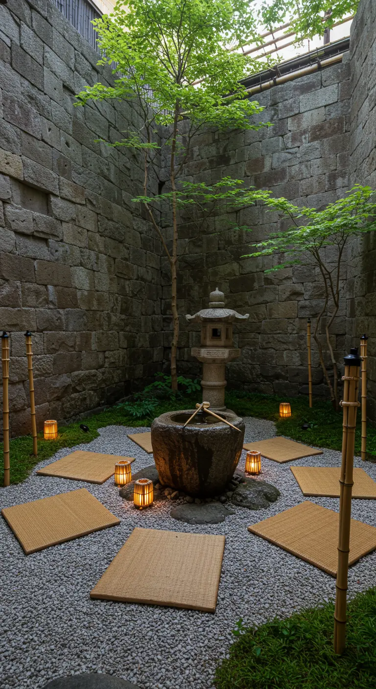 Tatami mats arranged for seating on gravel around a stone lantern and water basin in a courtyard.