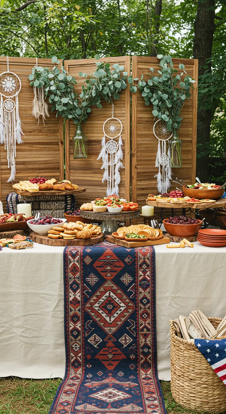 A buffet table featuring a long, tribal-patterned rug as a runner.