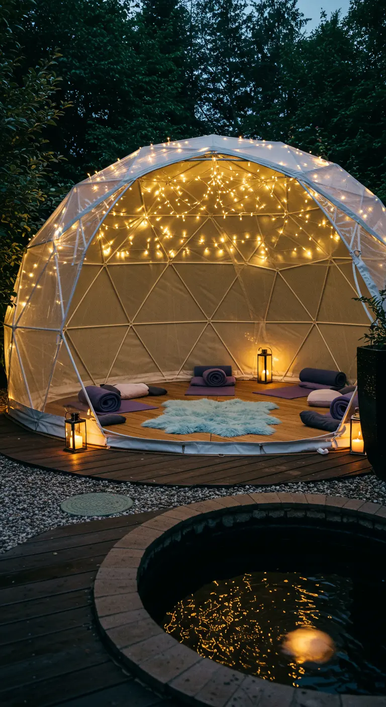 A transparent pod set up for yoga with mats and lanterns, next to a small pond.