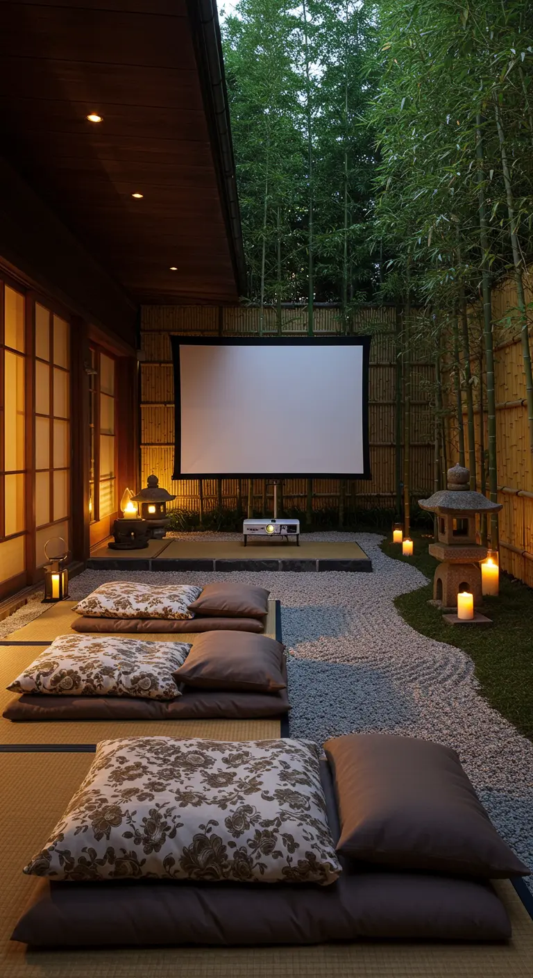 A Japanese-inspired garden with low cushions on tatami mats, a gravel path, and stone lanterns.