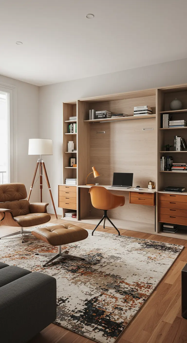 Living room with a large wooden wall unit featuring a built-in desk and shelving.