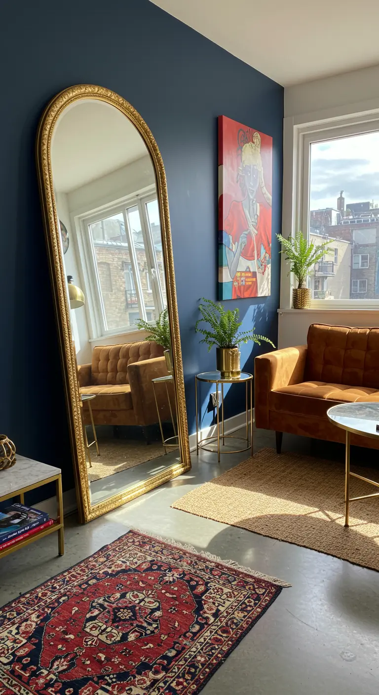 Large gold arched floor mirror leaning against a navy accent wall in a sunlit living room.