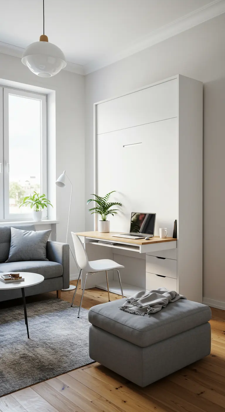 A white Murphy bed unit with an integrated desk folded out in a bright, modern living room.