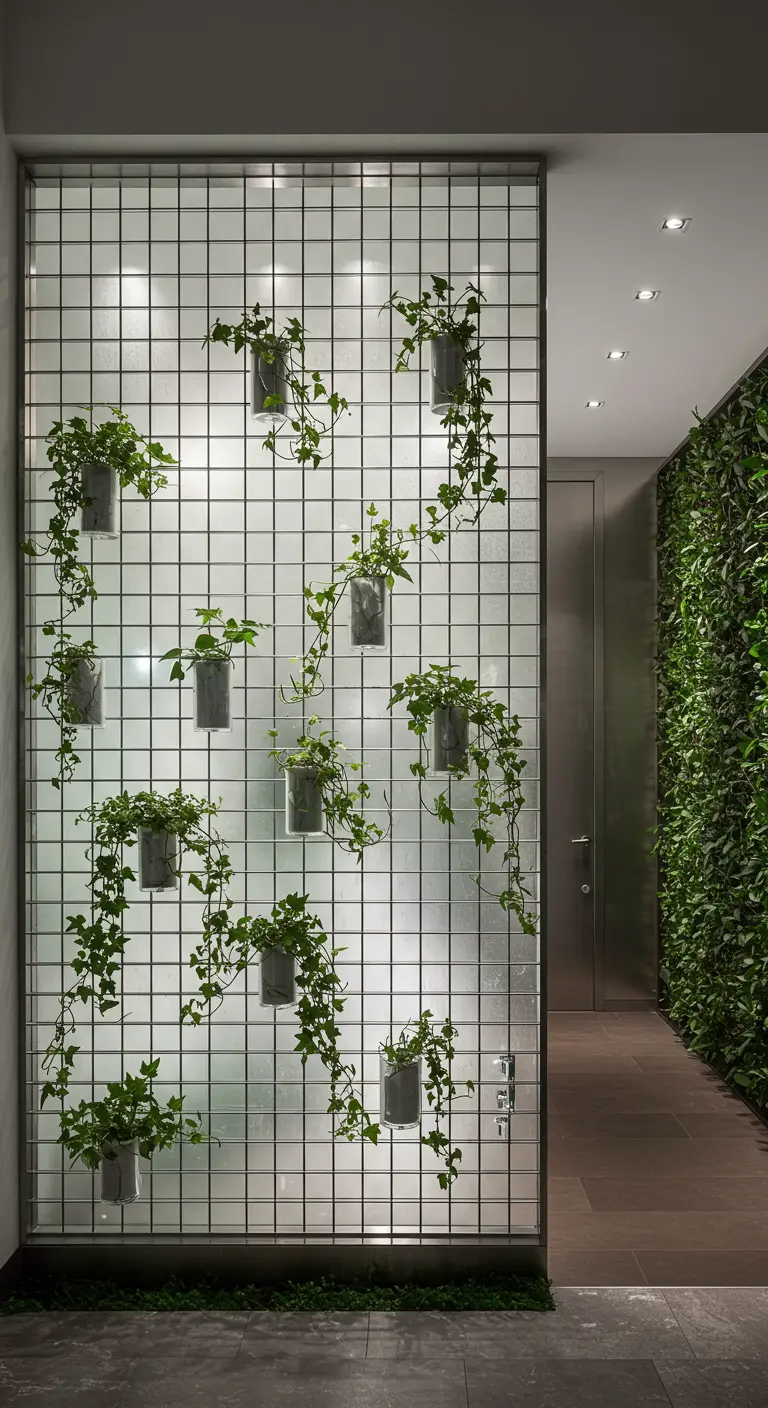 A metal grid with planters acts as a screen in front of a frosted glass wall.