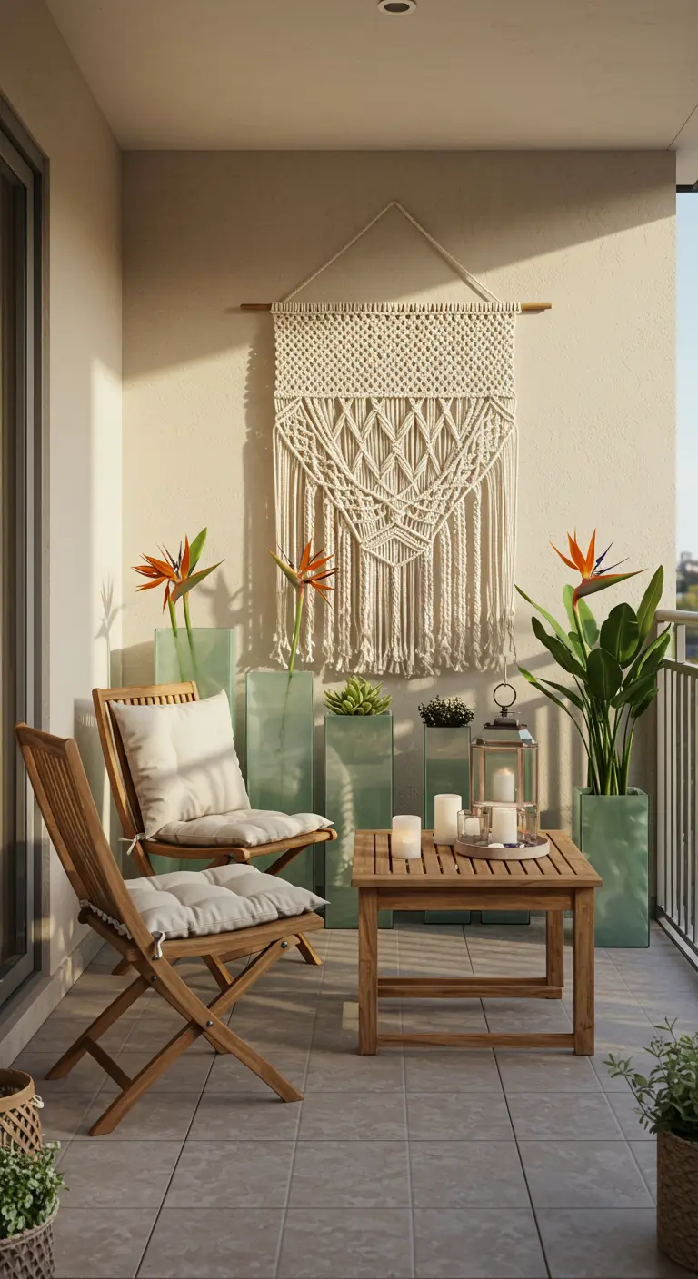 Teak chairs on a balcony with tall, frosted green glass planters holding Bird of Paradise flowers.