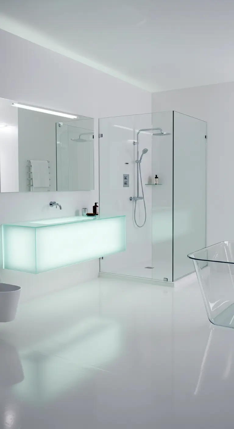 An all-white bathroom with a floating, translucent vanity lit from within.