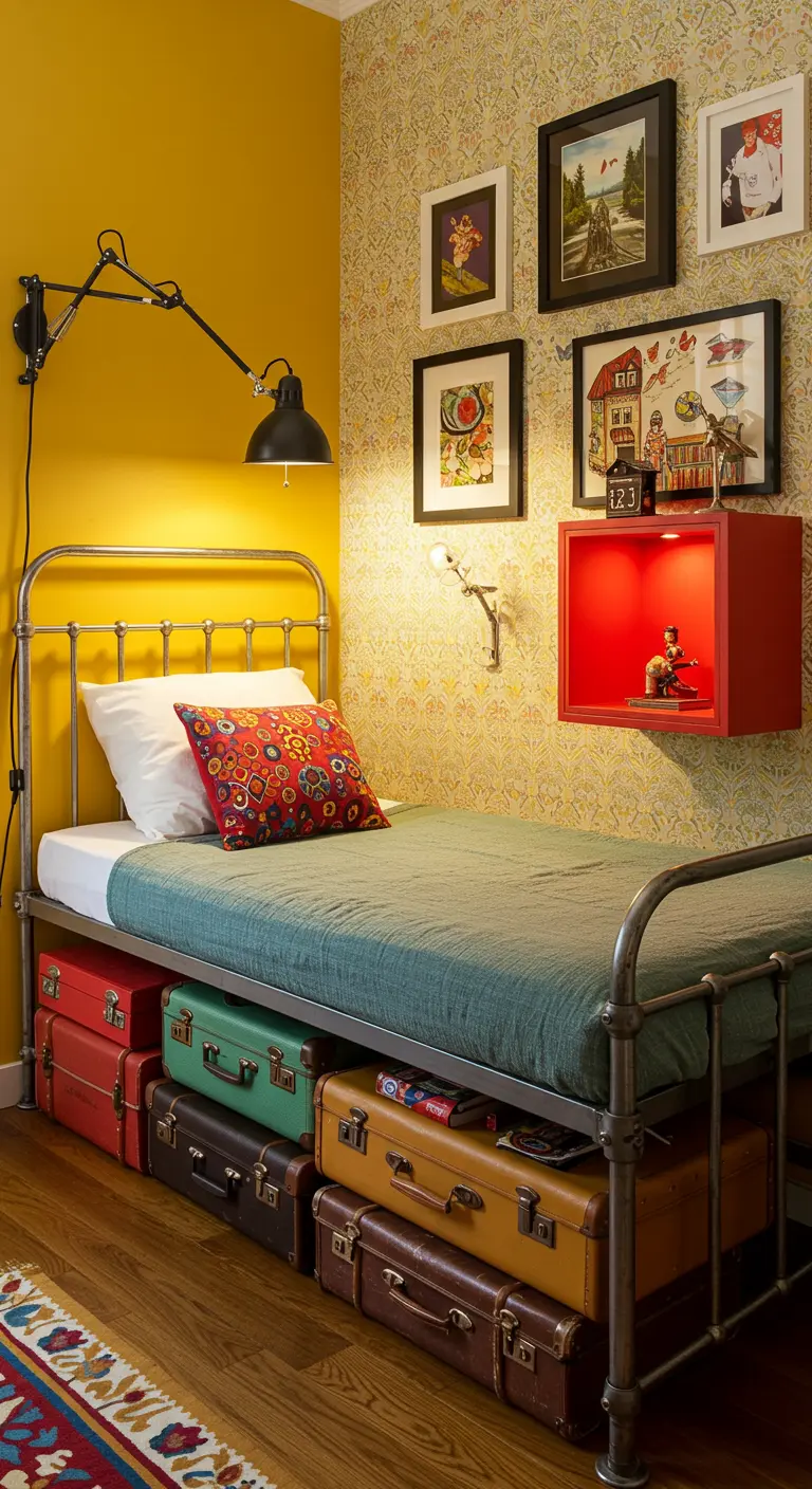 Eclectic bedroom with vintage suitcases used as storage under a metal bed frame.