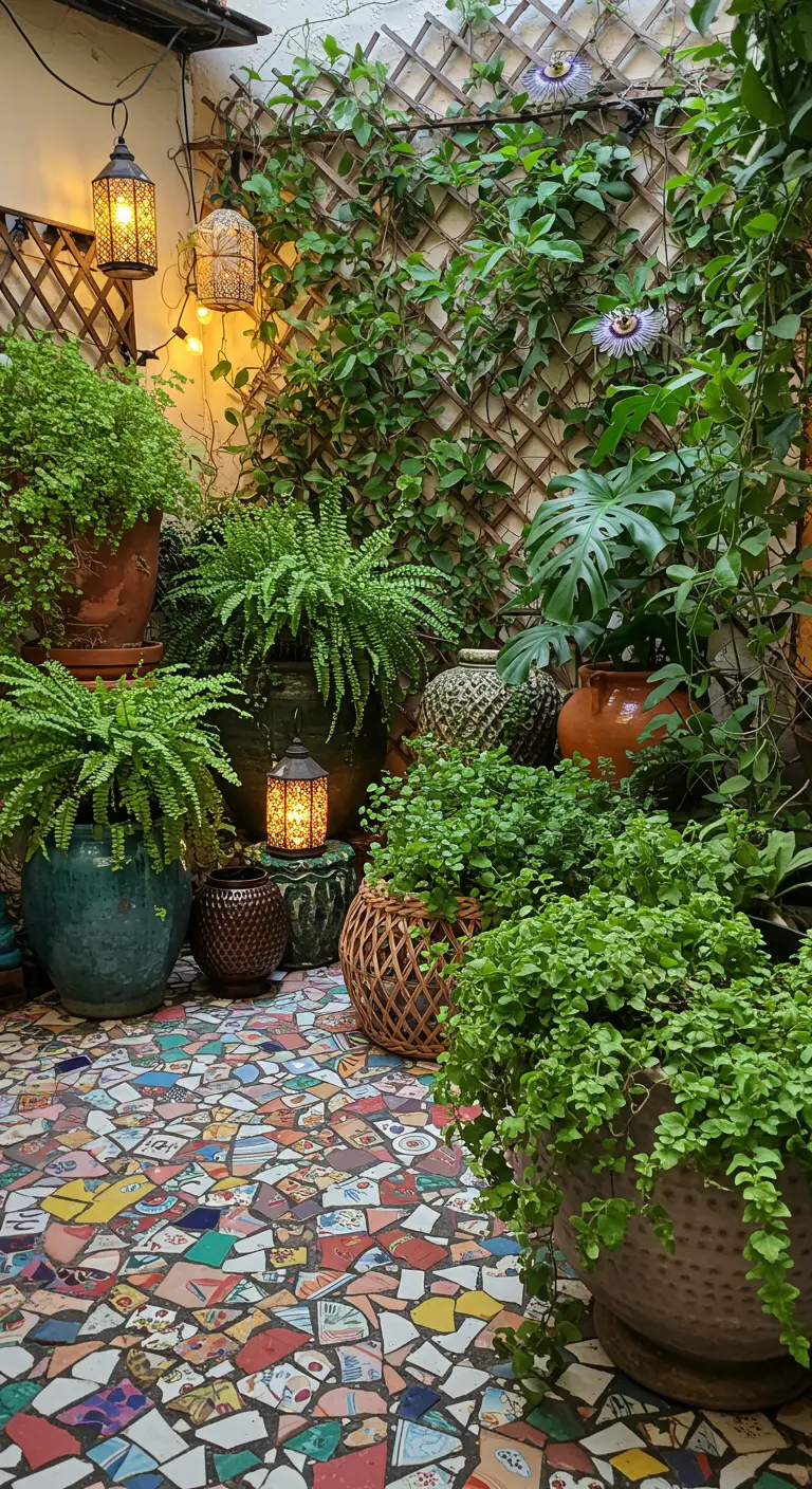 Lush, eclectic patio with a colorful broken-tile mosaic floor and abundant potted ferns.