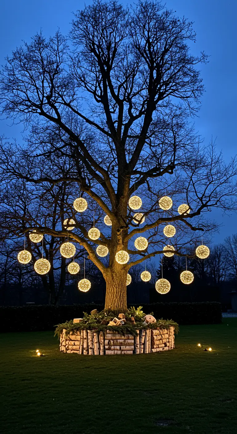 A large bare tree at dusk, decorated with many hanging, glowing fairy-light orbs.