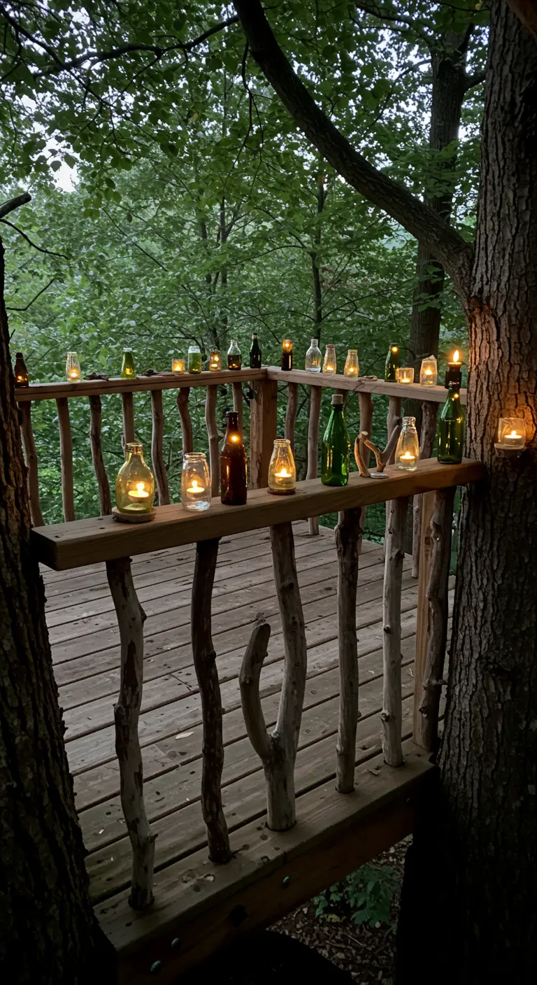 A collection of various bottle and jar candles on a wooden shelf in a treehouse.