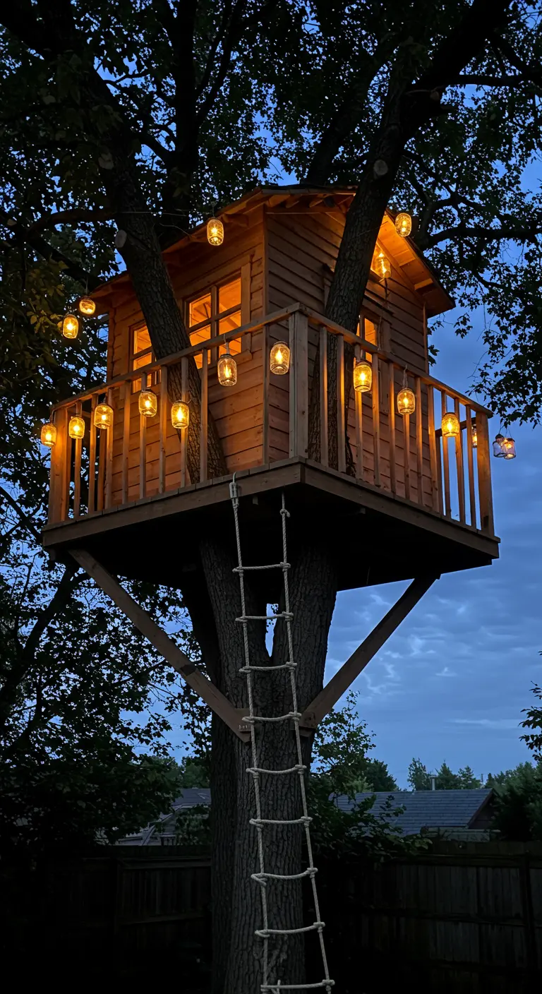 A wooden treehouse at dusk, adorned with glowing jars filled with fairy lights.