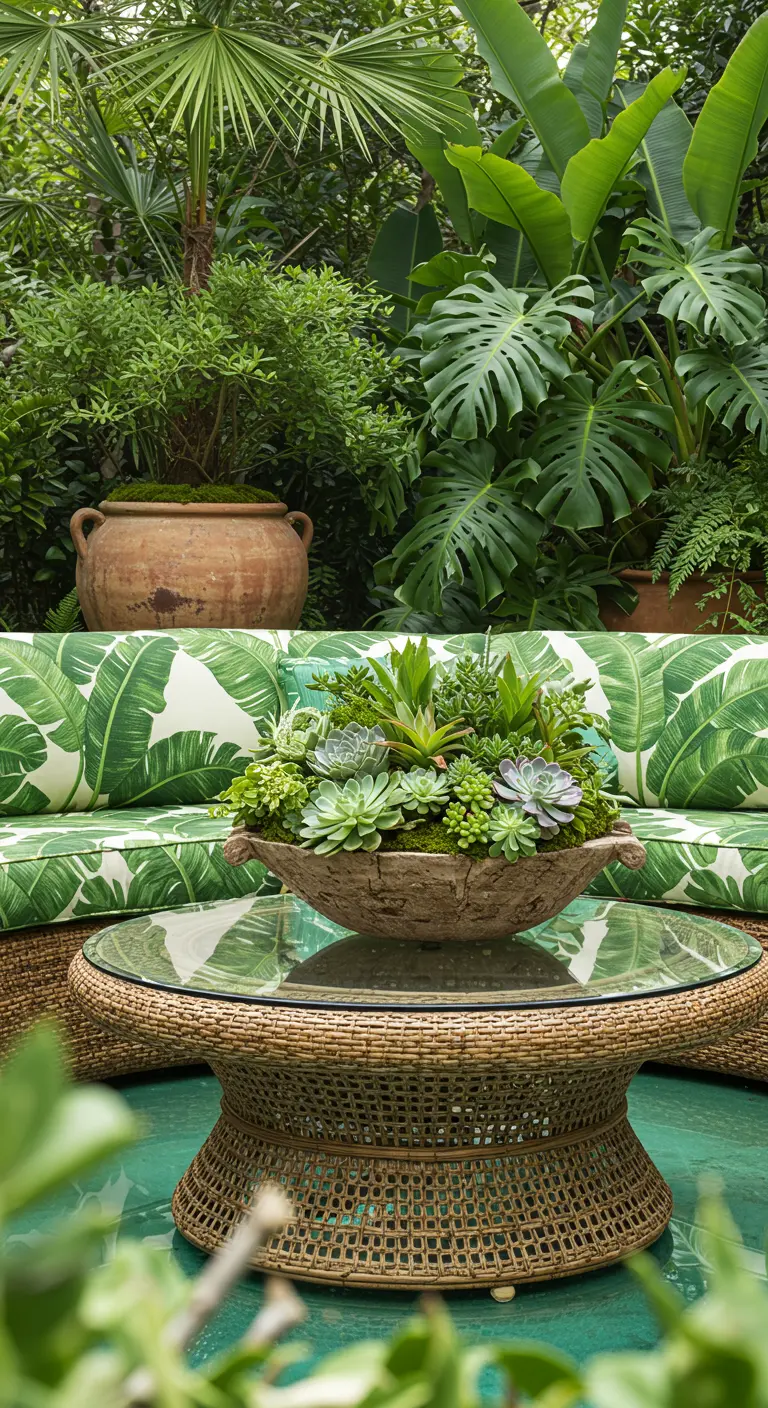 A lush patio with tropical leaf-print cushions and a large bowl of succulents on a wicker table.