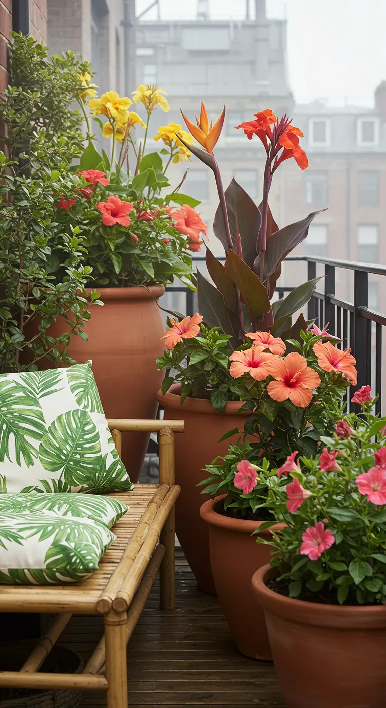 A balcony with a bamboo bench, tropical print pillows, and pots of canna lilies and hibiscus.