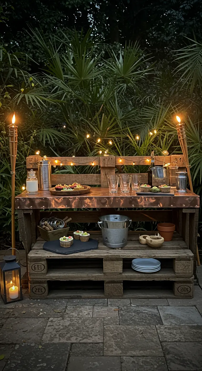A pallet bench with a copper top used as an outdoor bar, lit by tiki torches and string lights.
