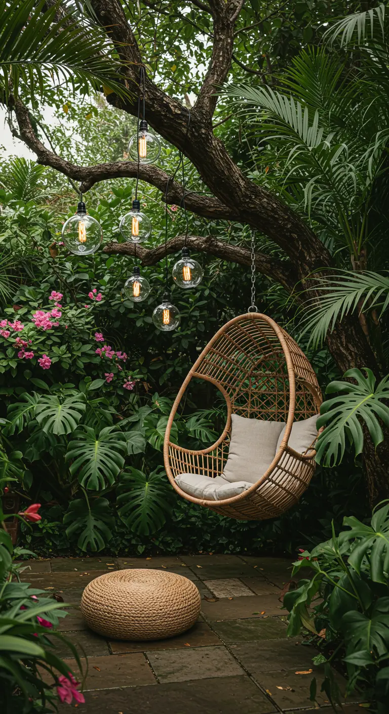 A rattan hanging egg chair in a lush tropical garden with large globe Edison bulbs hanging from a tree.