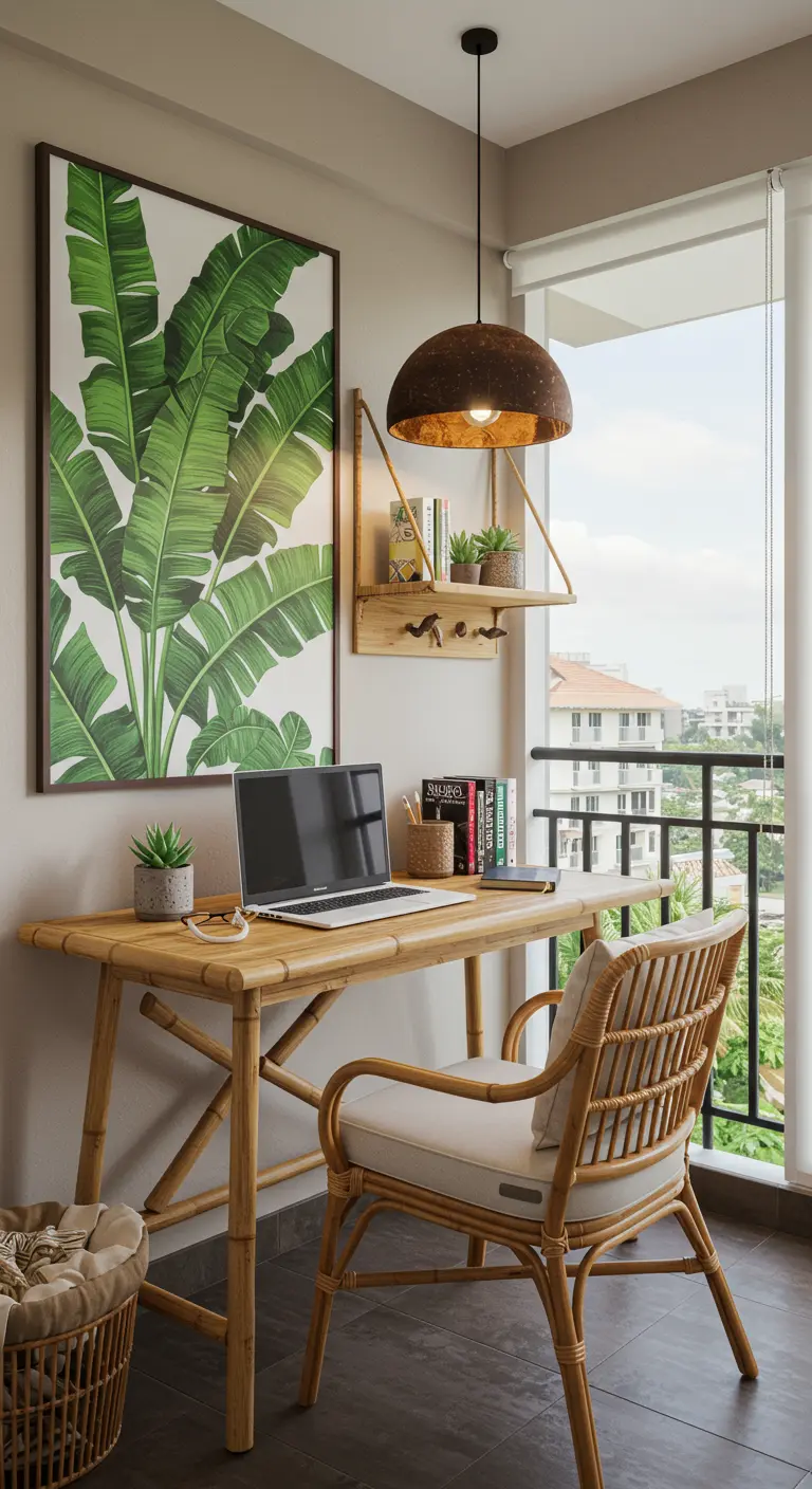 A bamboo desk and chair set up as a home office on a balcony.