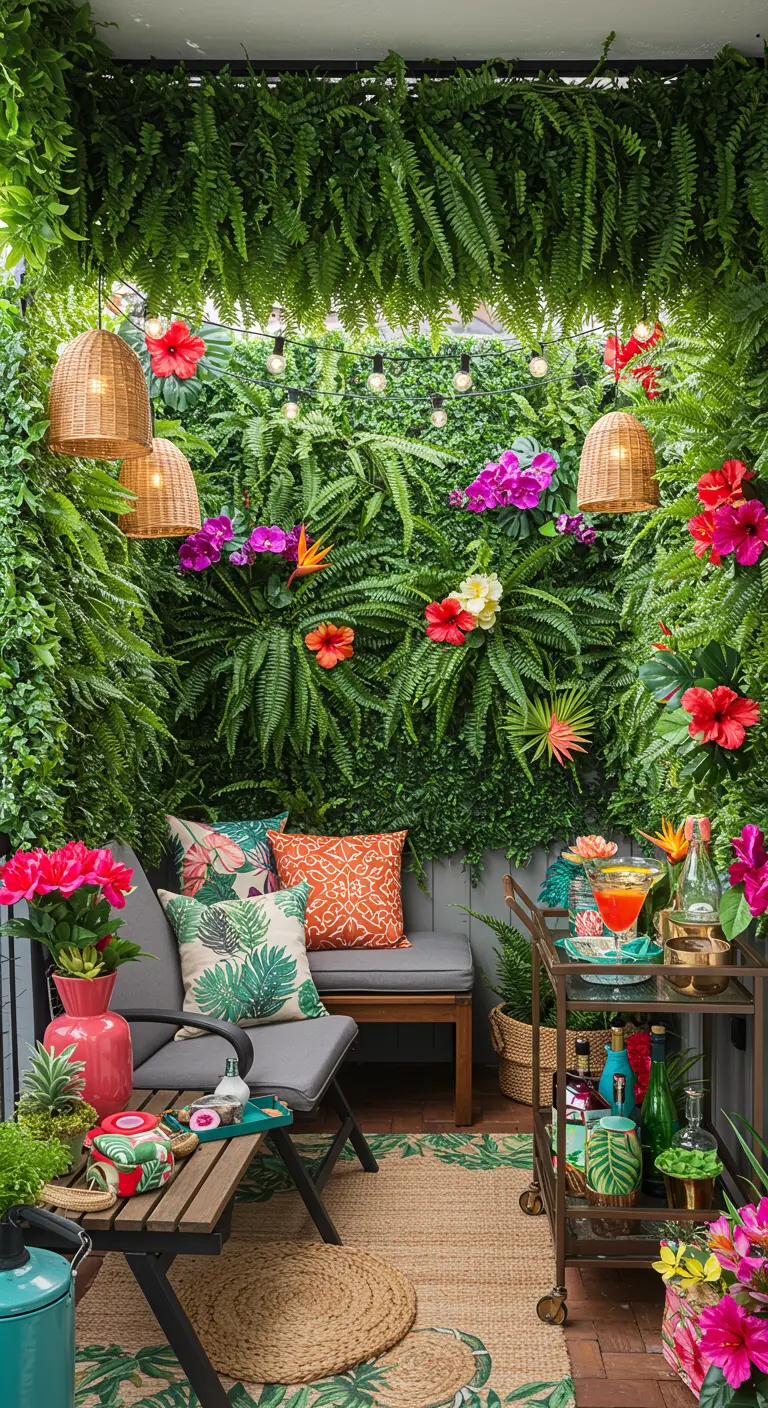 A vibrant, lush balcony with colorful flowers, tropical pillows, and a bar cart.