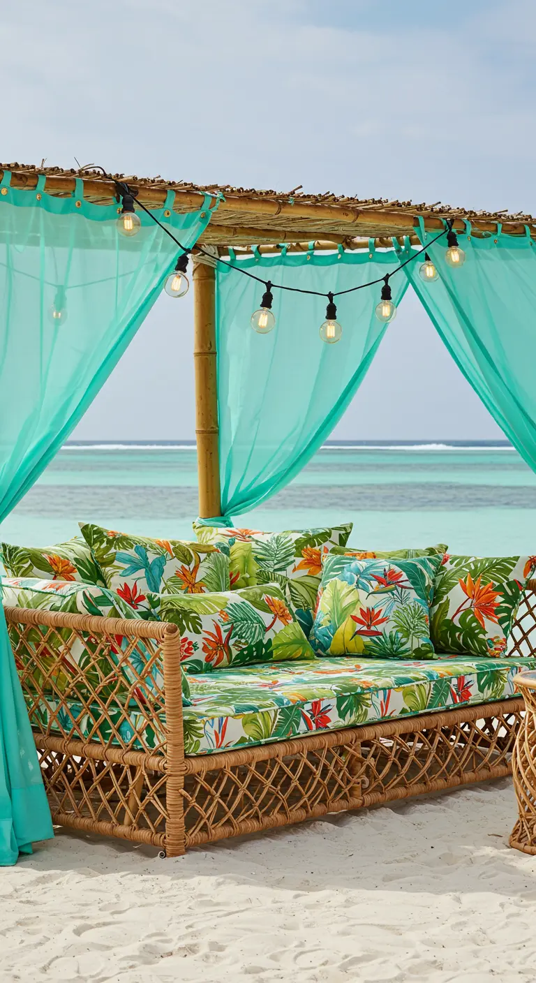 A rattan daybed with bright tropical print cushions and turquoise curtains on a beach.