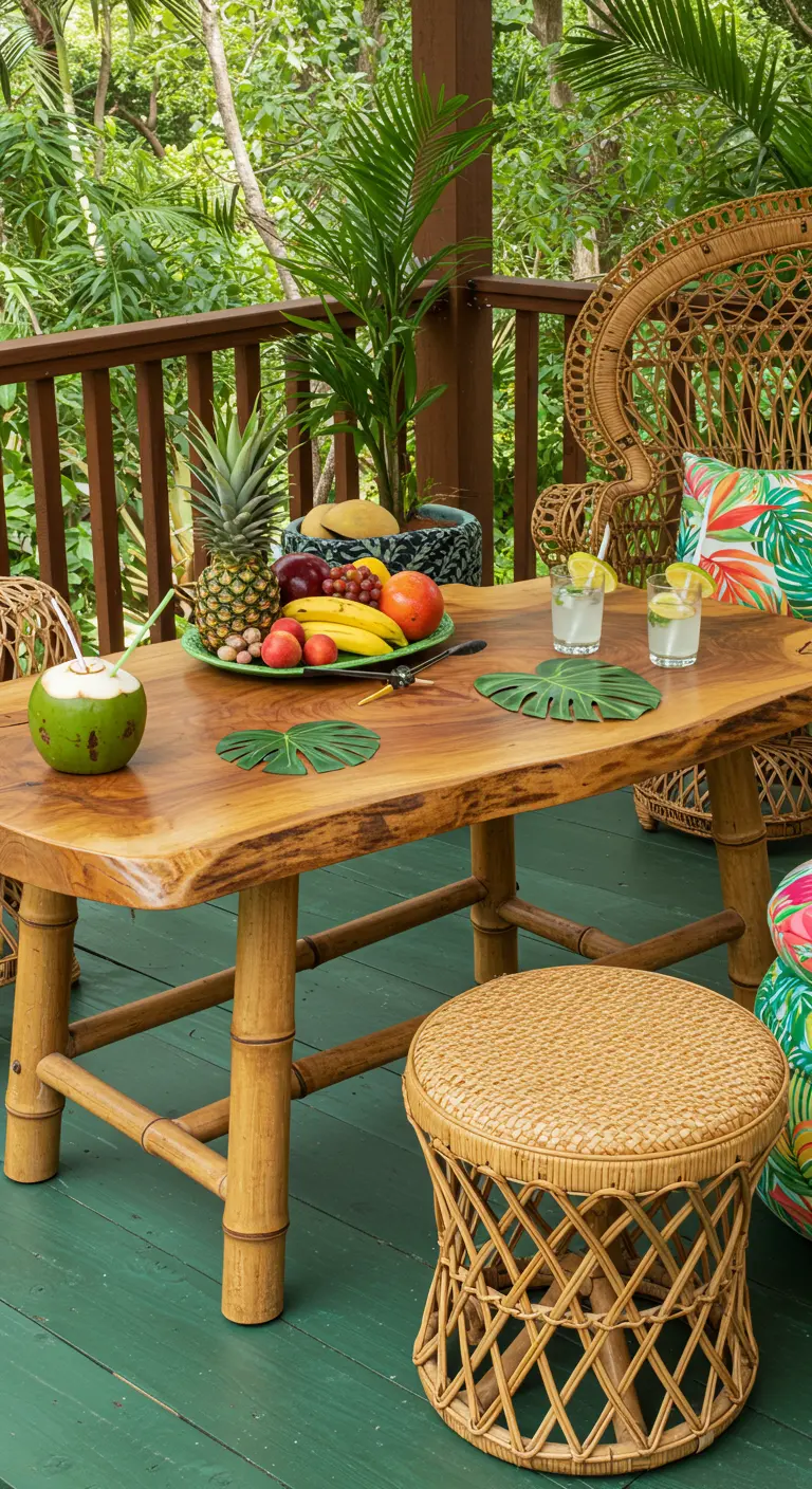 A polished wood table on a bamboo base, styled with tropical fruit and drinks on a green deck.
