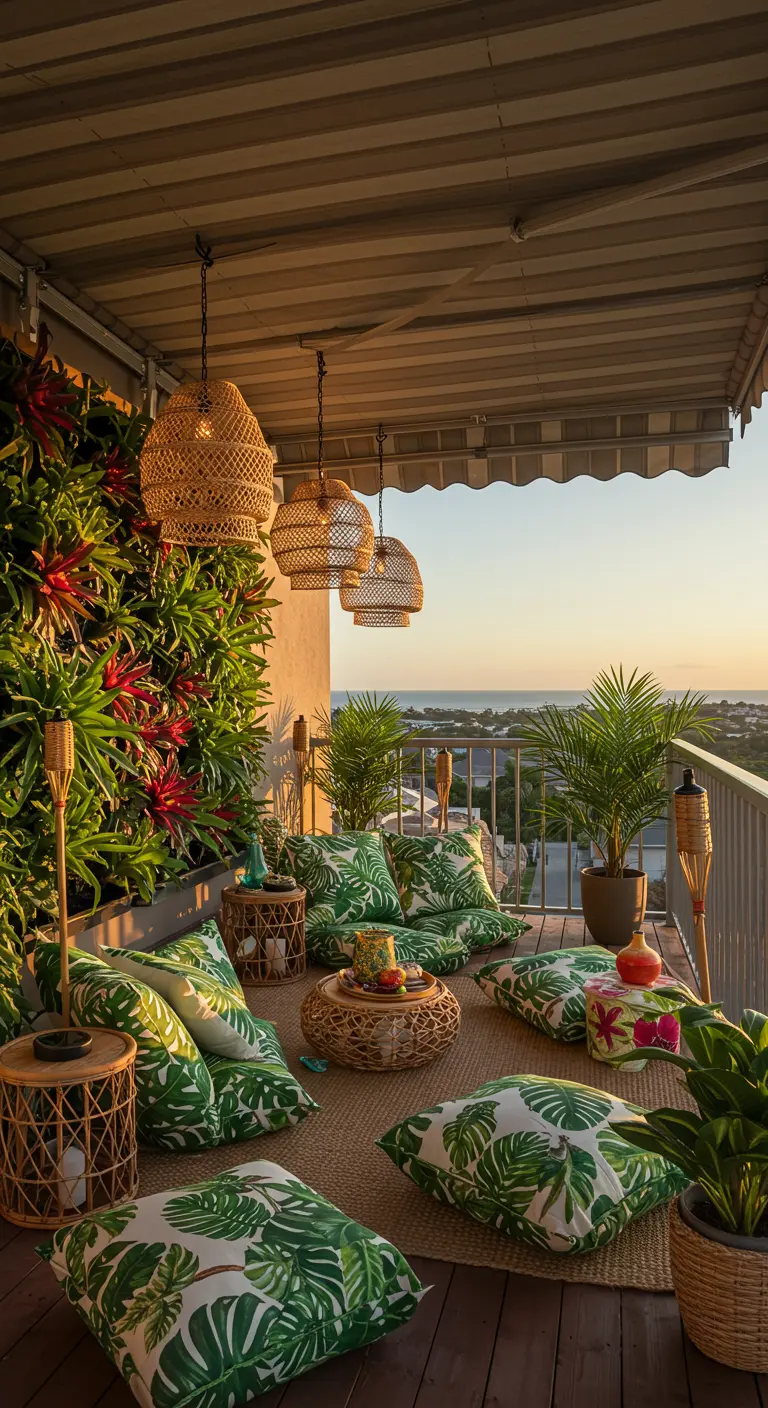 A tropical-themed balcony overlooking the sea, with palm-print cushions and rattan lanterns.