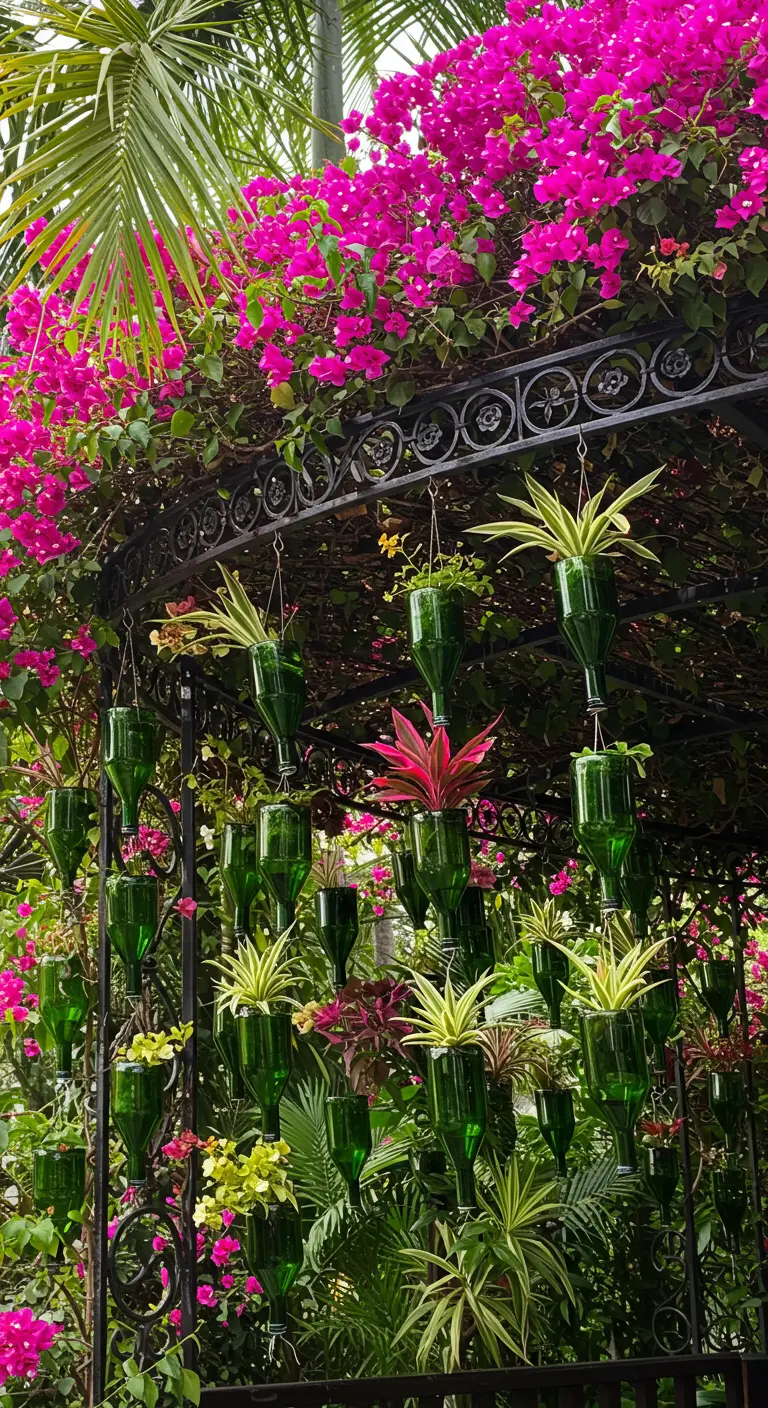 A hanging bottle garden integrated into a lush archway of bougainvillea.