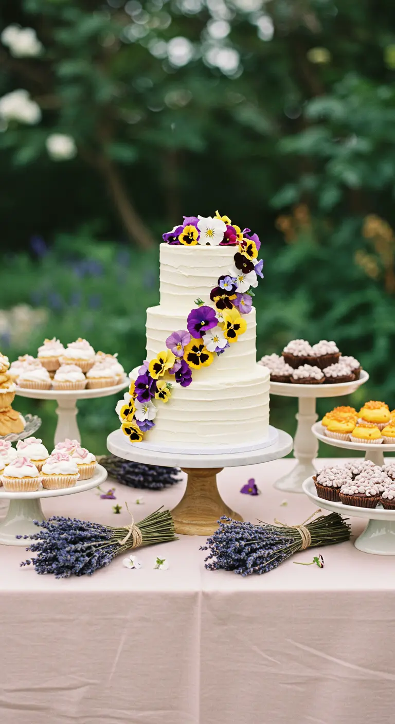 A three-tiered white wedding cake decorated with a cascade of edible pansies and surrounded by lavender.