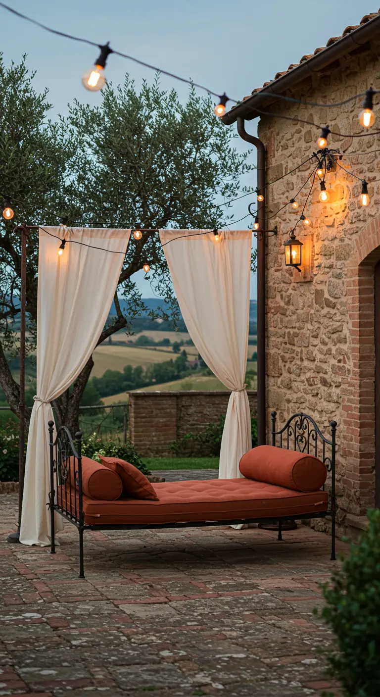 A wrought-iron daybed with terracotta cushions on a stone patio with a view of hills.