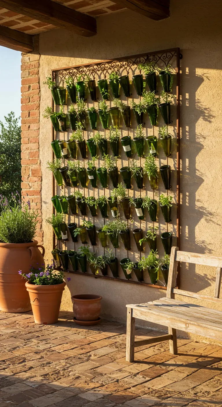 A vertical garden of wine bottles on a rustic iron frame against a warm-toned wall.