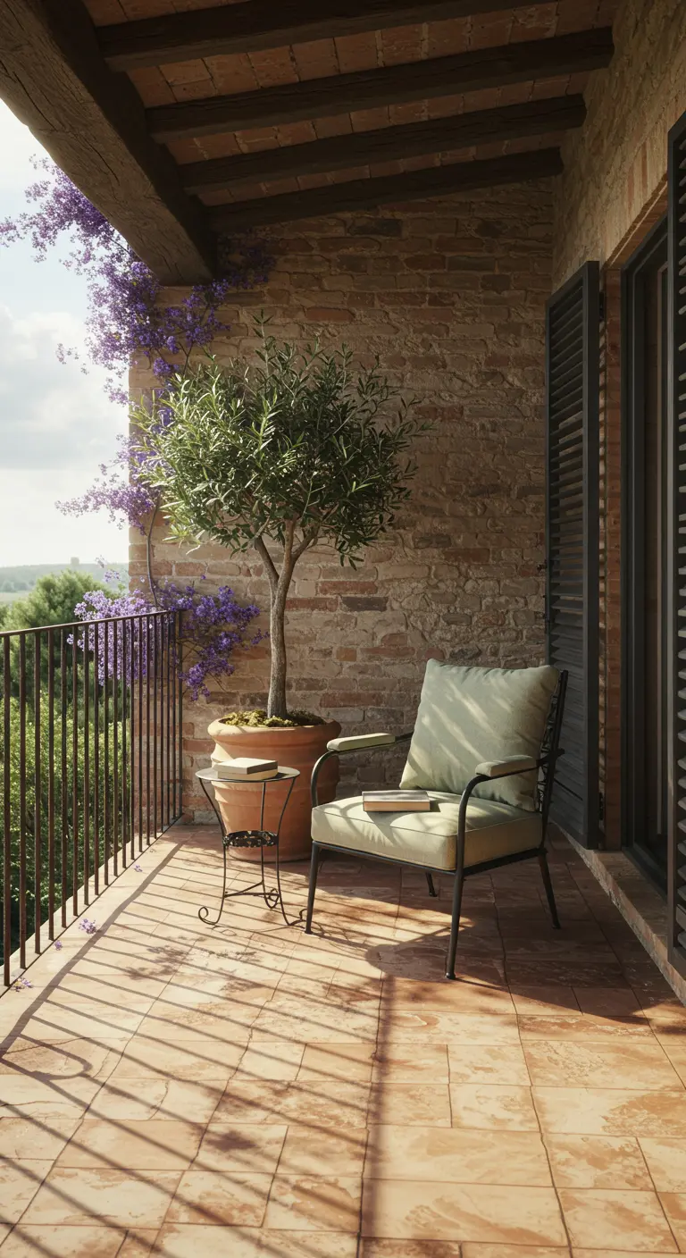 A cushioned armchair next to an olive tree on a balcony with a rustic brick wall.