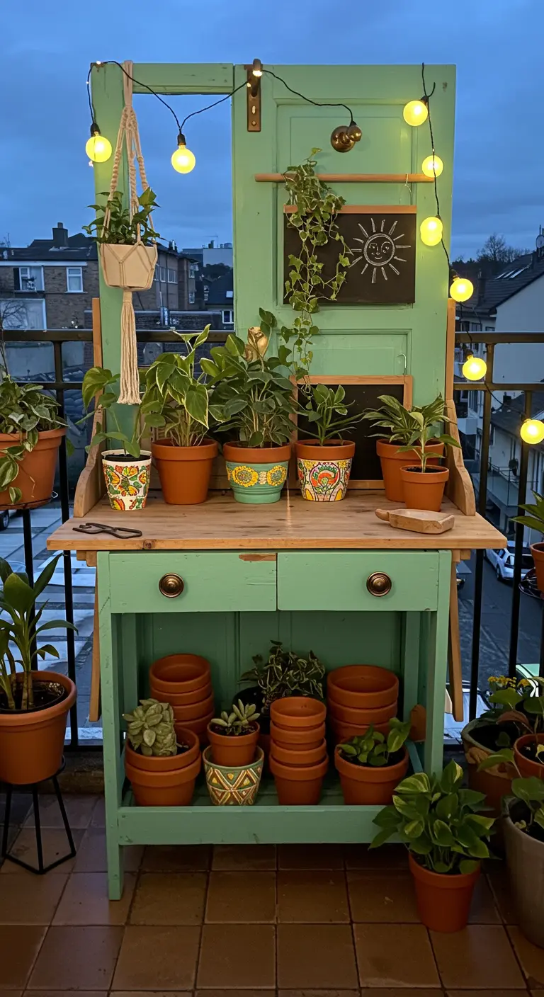 A green door potting station on a balcony, illuminated by warm string lights at dusk.