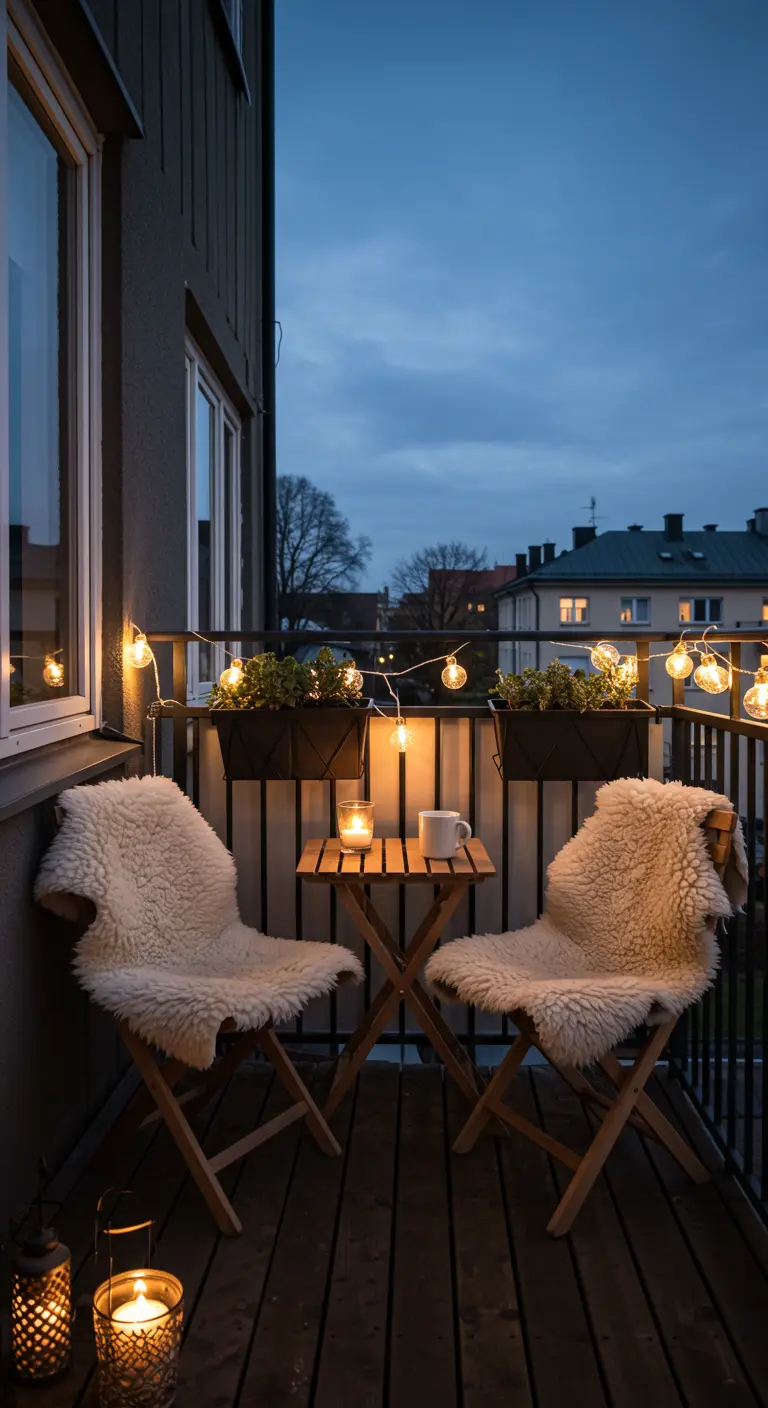 A cozy twilight balcony with two folding chairs, sheepskin throws, and warm string lights.