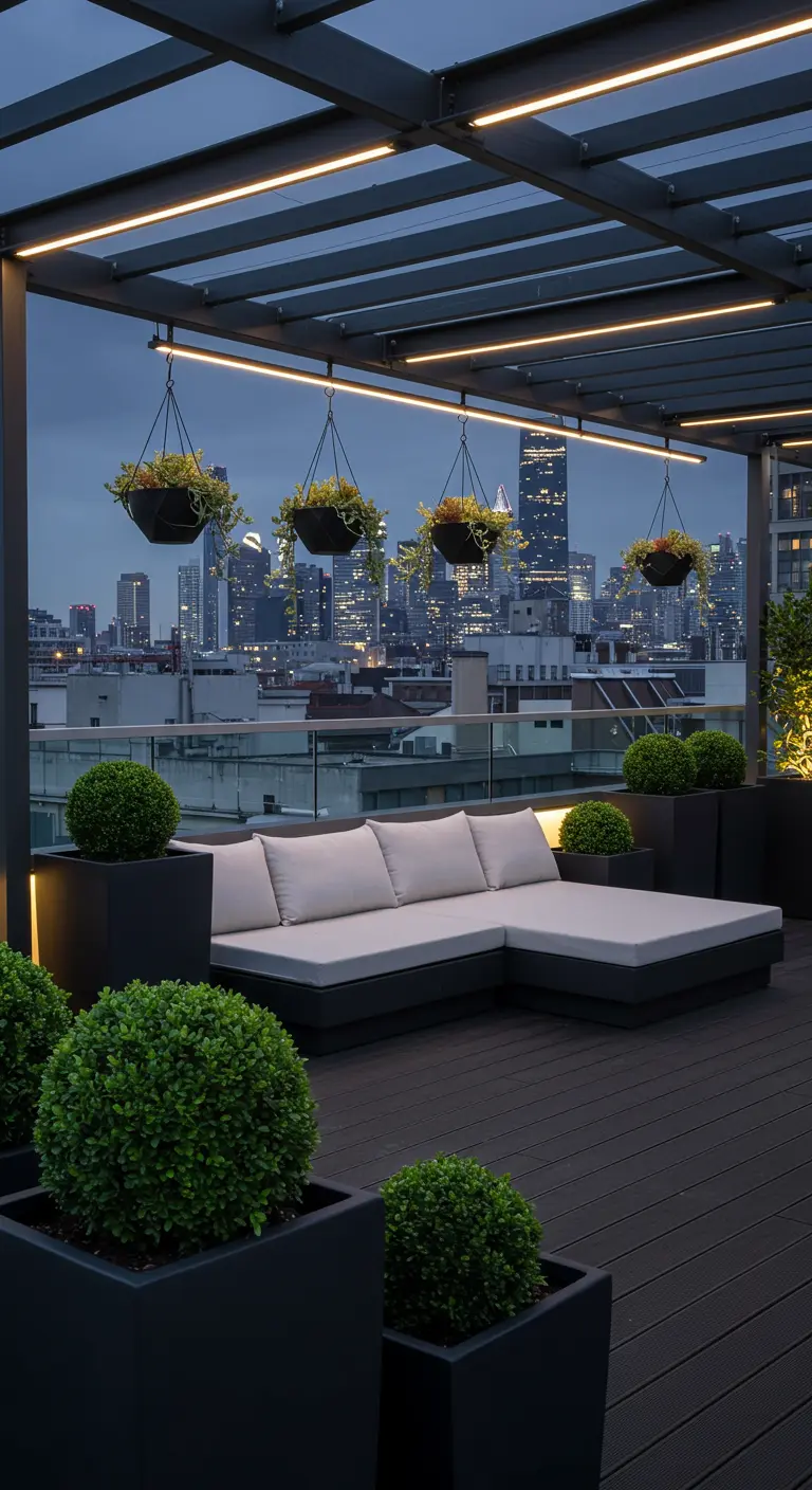 Modern rooftop patio at dusk with a sectional, boxwood shrubs, and overhead lighting.