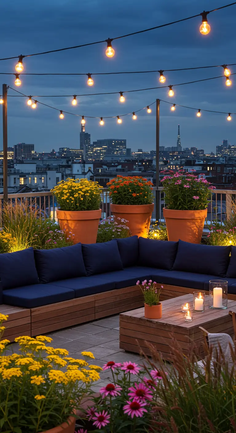 Rooftop terrace at night with string lights, a large navy sectional, and glowing floral planters.